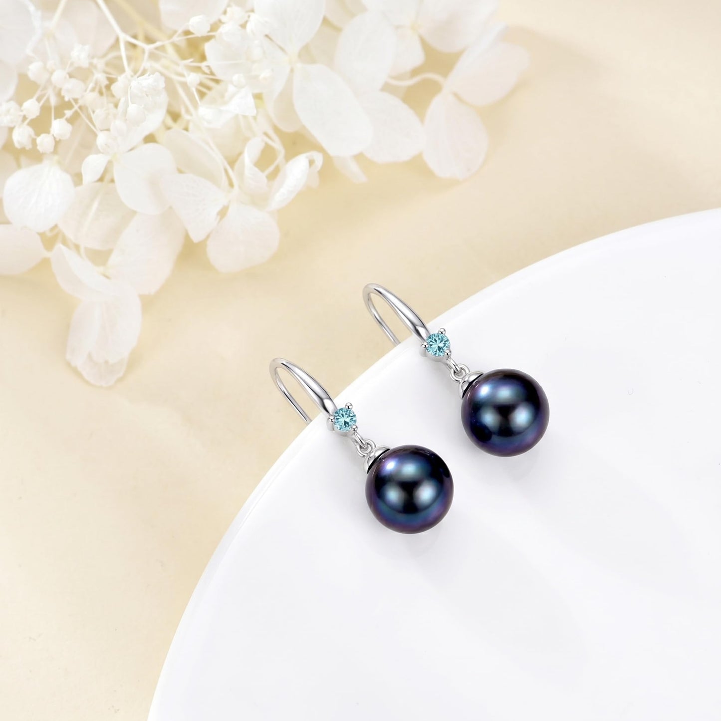 925 Sterling Silver Pearl Leverback Earrings Dangle Drop Birthstone Jewelry Gifts for Women (Black Pearl-March)