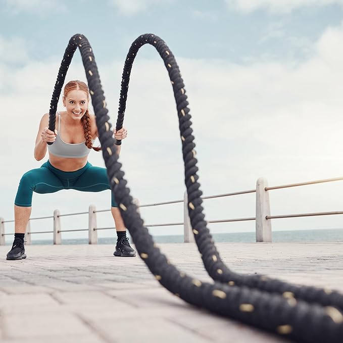 MECCANIXITY Battle Rope 40ft x 2 Inch Polyester Workout Rope Heavy Fitness Exercise Rope for Strength Training Home Gym Muscle Building, Black Red