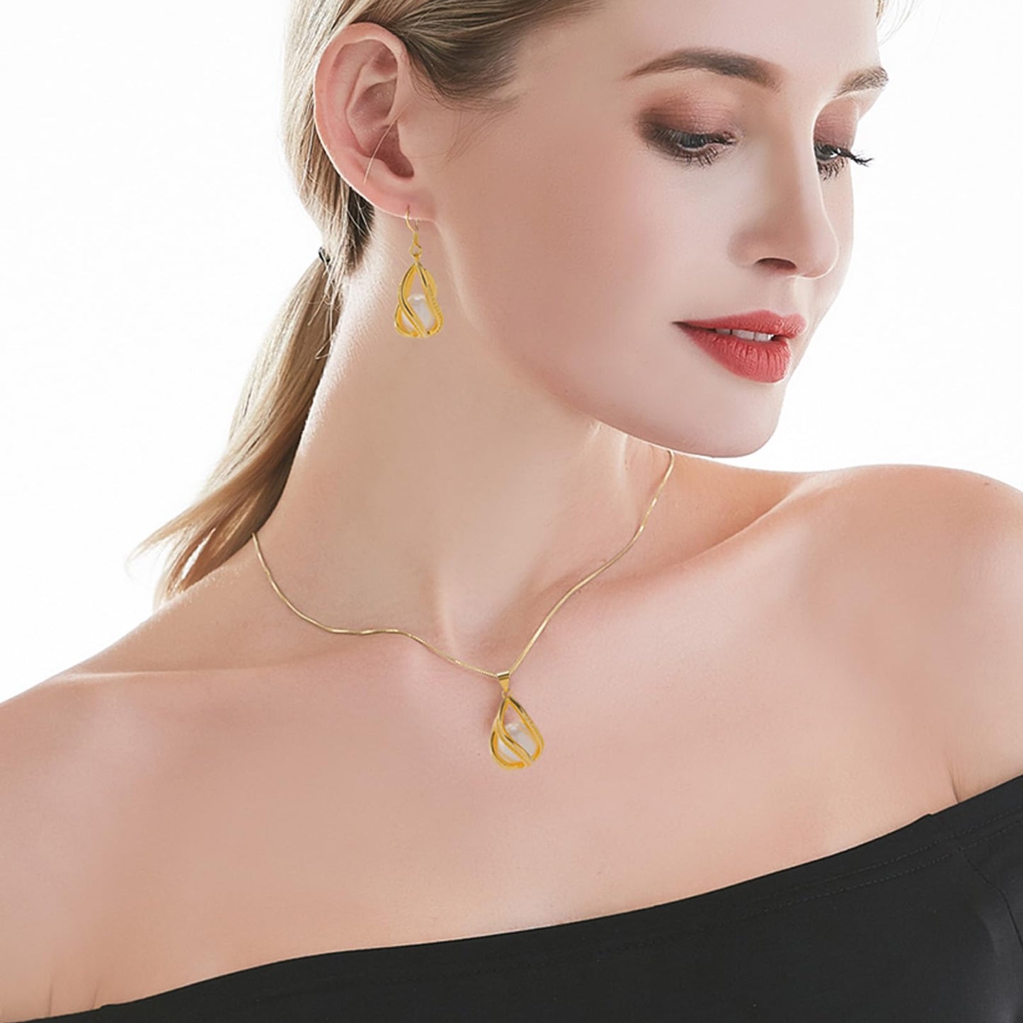 HENGSHENG Pearl Jewelry Set For Women 14K Gold Plated Necklace & Earrings Set Freshwater Pearl Pendant Cage Set for Wedding Anniversary Prom Birthday Gift - Golden White