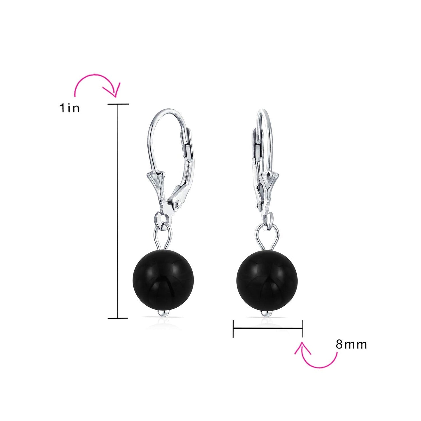 Bling Jewelry Timeless .925 Sterling Silver Black Onyx Bead 8mm Ball Drop Earrings Lever Back Genuine Gemstone