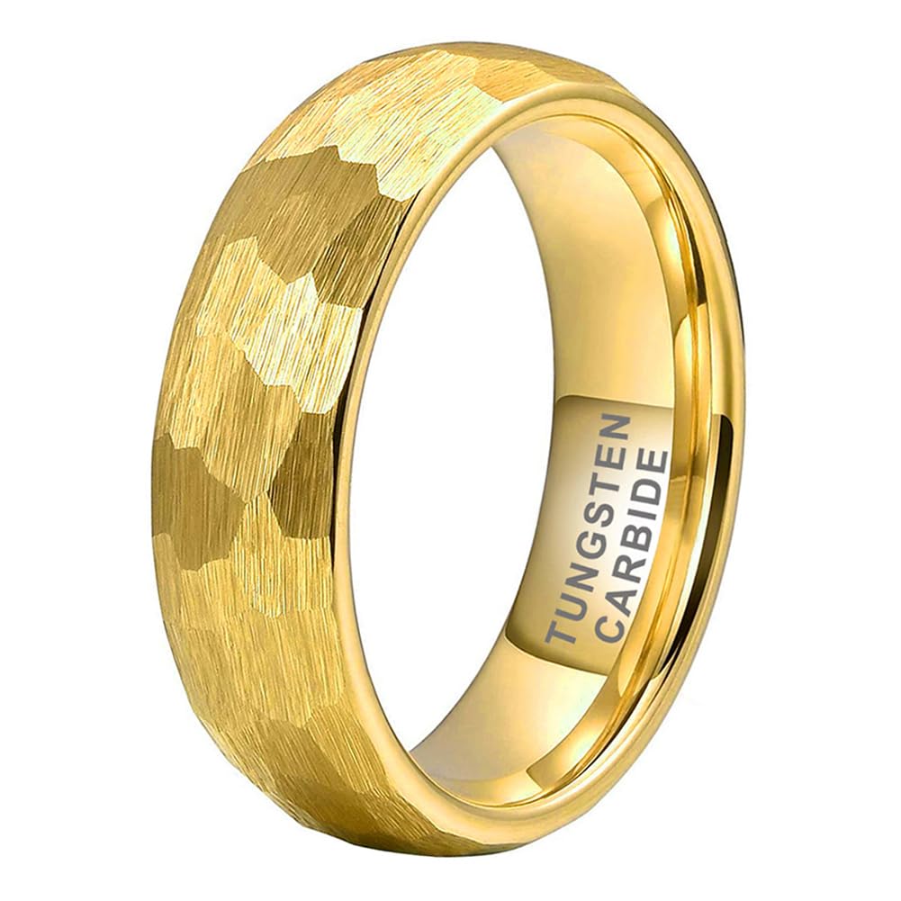 TUTISS 6mm Gold Hammered Tungsten Rings for Men Women Engagement Wedding Bands Domed Matte Finish Comfort Fit Size 9.5