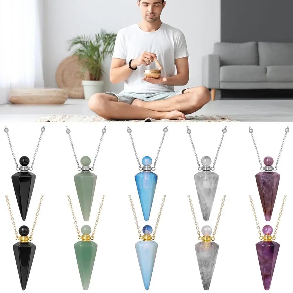 925 Sterling Silver Essential Oil Necklace For Women And Men, Natural Crystal Stone Cone Shape Pendant Necklace Healing Perfume Bottle Necklace Essential Oil Pendant Necklace (1 - Essential Oil Necklace)