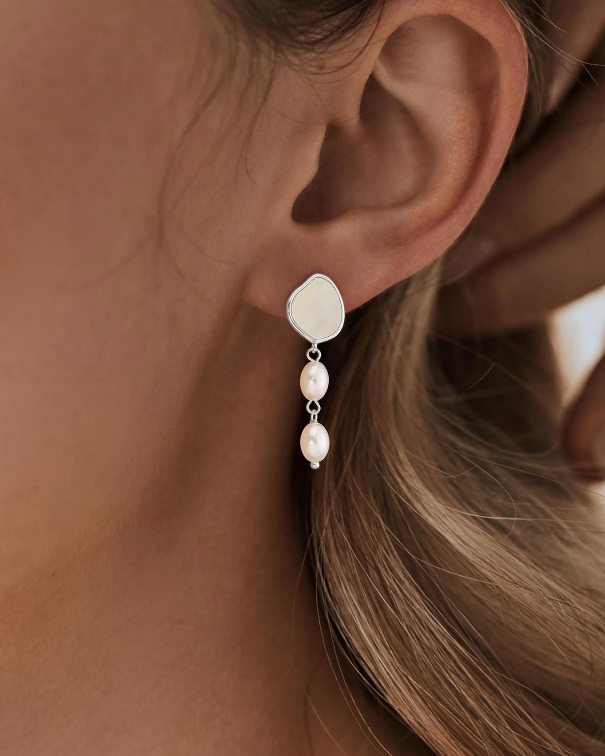 PRTGL Pearl Earrings - Silver 14 White Gold Plated Irregular Mother of Pearl Drop Dangle Earrings for Women Wedding Bridal