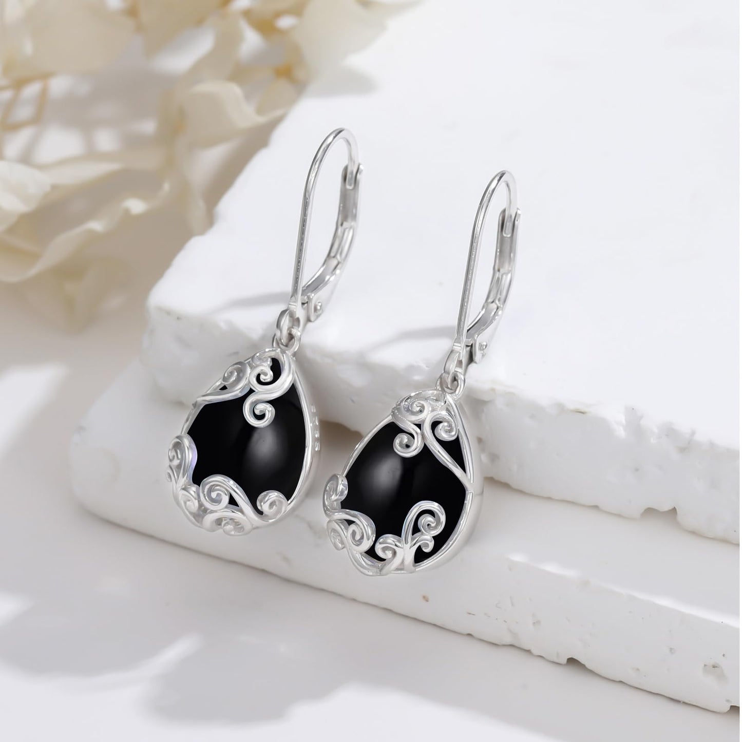 KoyeKei Black Onyx Filigree Leverback Earrings for Women 925 Sterling Silver Black Onyx Teardrop Dangle Drop Earrings Jewelry Filigree Anniversary Graduation Gifts for Sister Her Lover