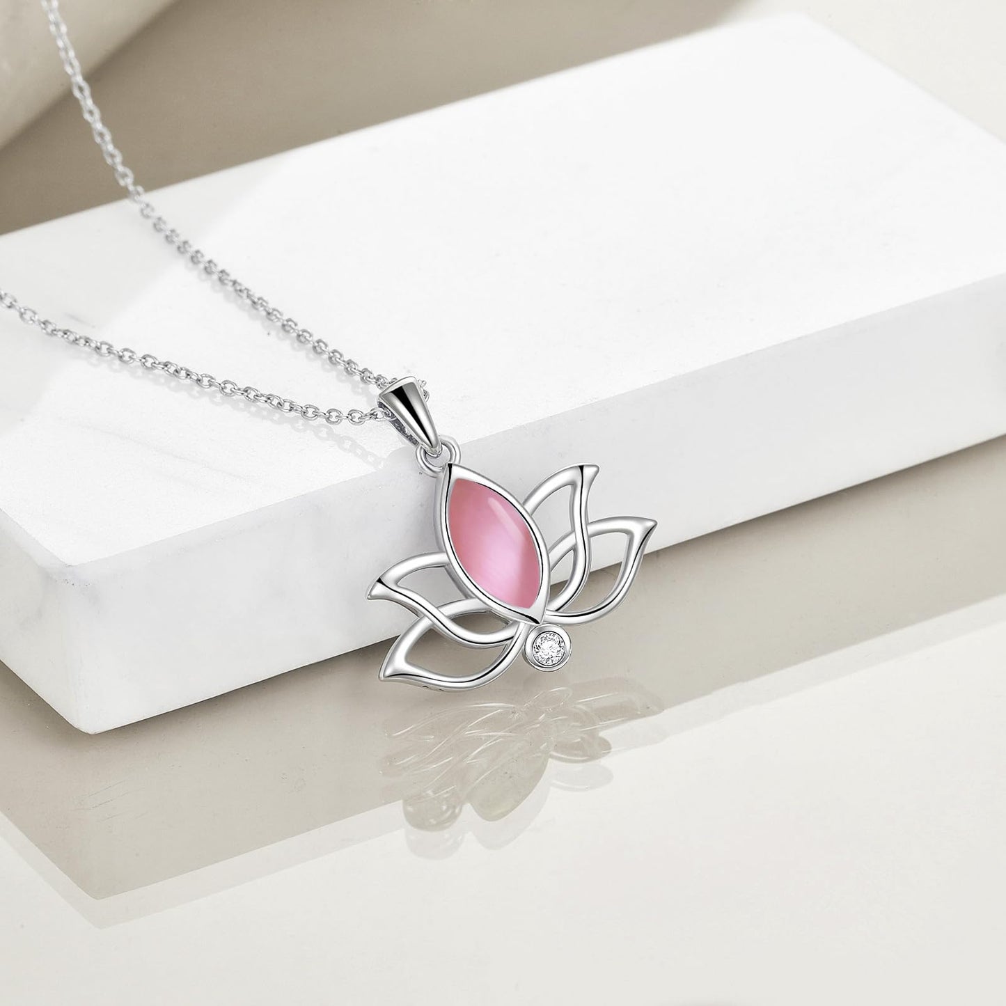 YFN Lotus Flower Necklace Sterling Silver Pink Opal Lotus Pendant Lotus Jewelry Gifts for Women