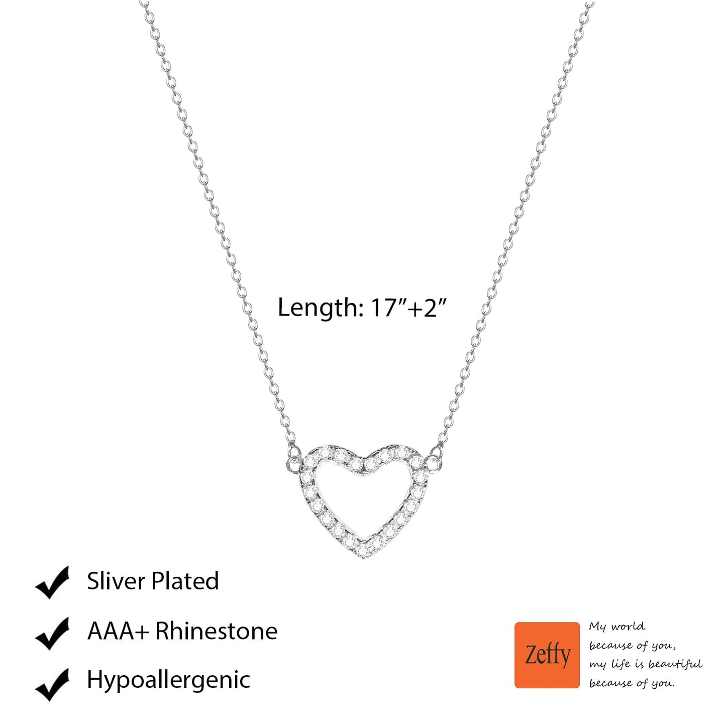 Zeffy Silver Cubic Zirconia Heart Necklace Open Heart Choker Trendy Dainty Simple Silver Jewelry for Women Gifts