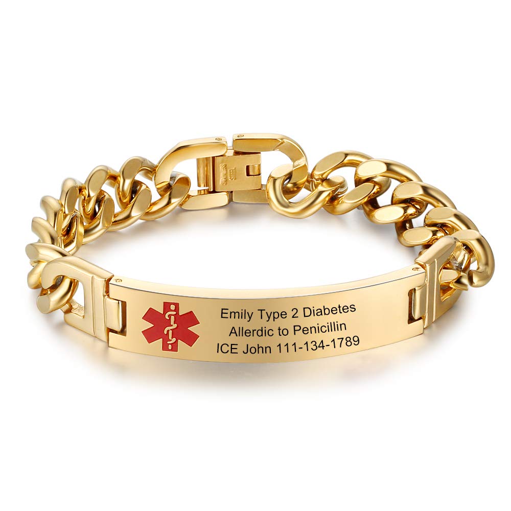 Giftider Custom Medical Alert Bracelet Engraved Emergency ID Stainless Steel Bracelets for Adults Men Women 7.5-8.5-9.8 Inch