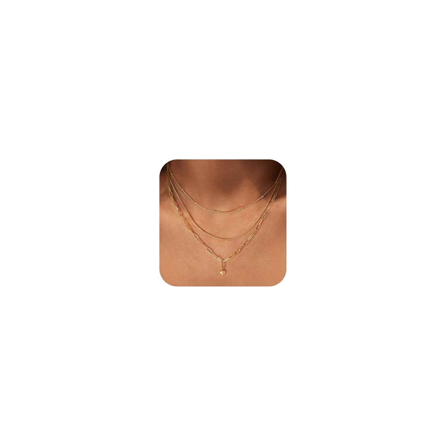 Layered Gold Necklaces for Women Trendy,Dainty 14K Gold Plated Heart Pendant Necklace Stack Statement Paperclip Beaded Box Necklace Chain Gold Stackable Layered Necklaces for Women Fashion Jewelry Set