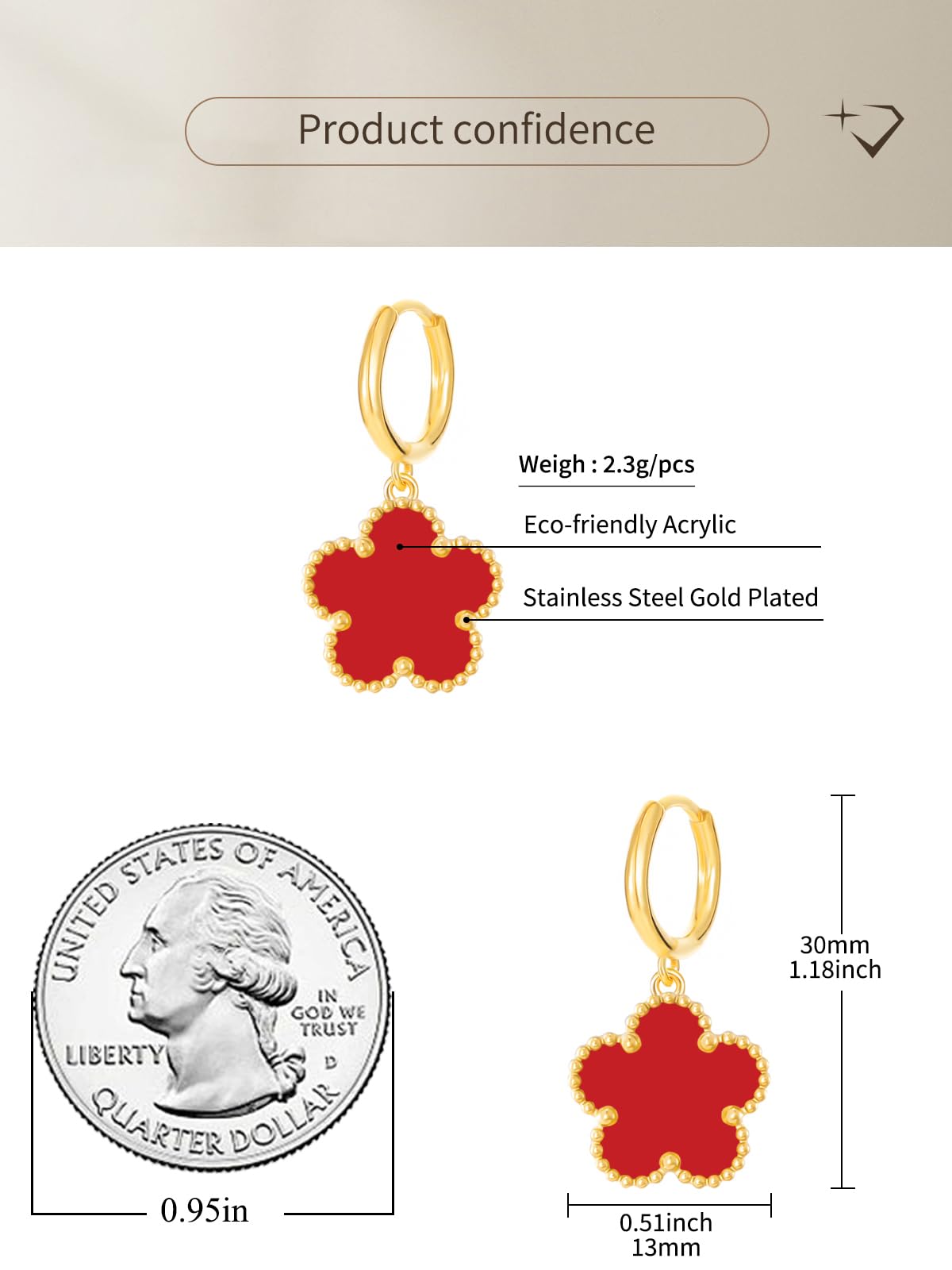 Gold Plated Five Leaf Clover Dangle Earrings for Women Lucky Flower Jewelry (Red-14K Gold Plated)