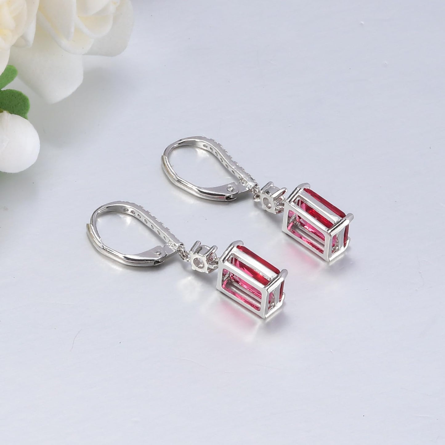 CiNily Leverback Earrings for Women Rectangular-cut Drop Dangle Earring Hypoallergenic, 14K White Gold Plated Rose Red Cubic Zircon Earrings Diamond Dangle Ear Rings Jewelry Birthday