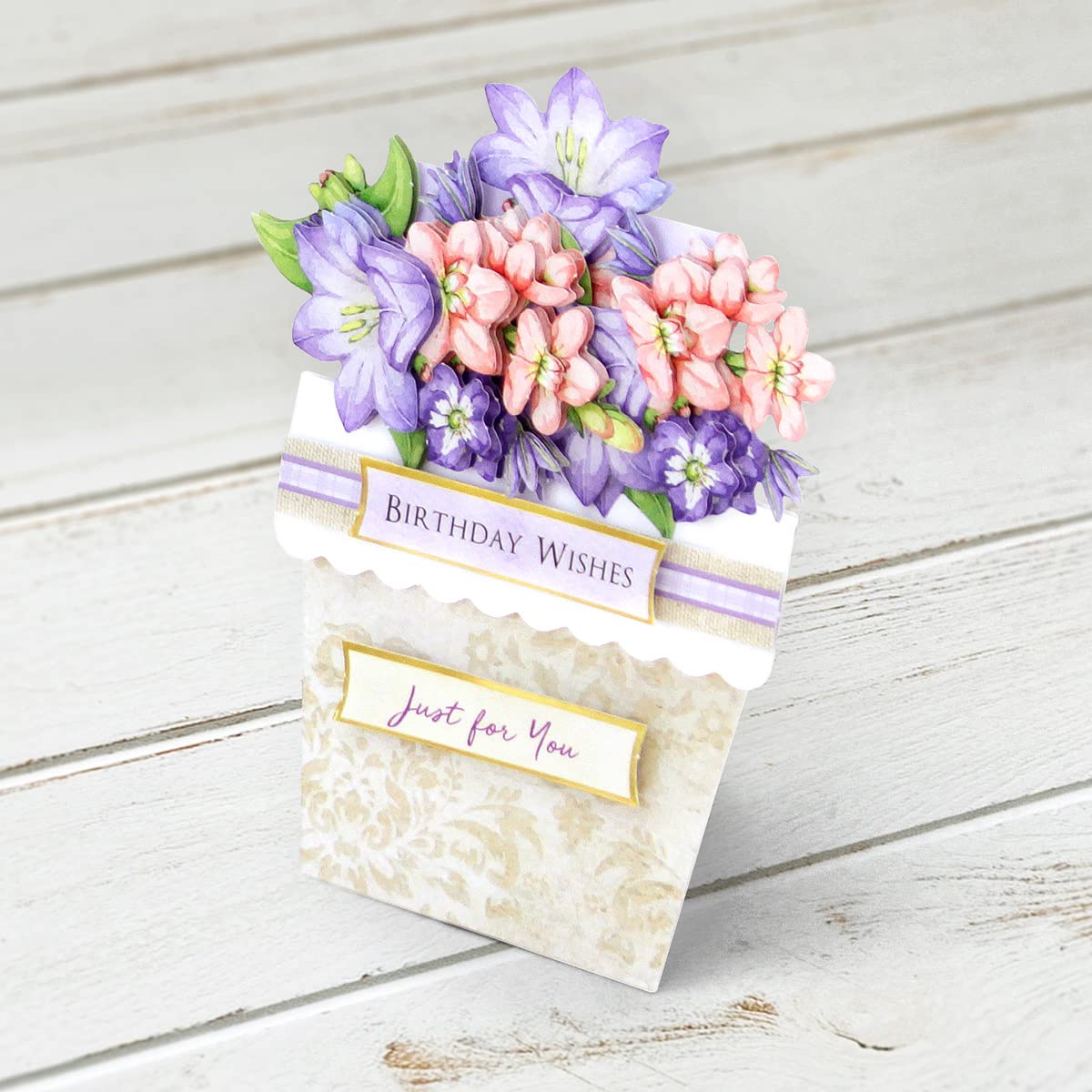 Katy Sue Flower Patch Pots Card Making Kit. 8 Cards, 8 Envelopes, 3 Sheets of Floral Die-Cut Decoupage, Adhesive Pads, & 2 Sheets of Birthday Sentiments Banners for Card Making Supplies