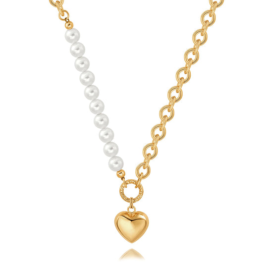 CANEVINKA 18K Gold Plated Dainty Pearl Chain Choker Necklace Puffy Heart Pendant Jewelry Gifts for Women