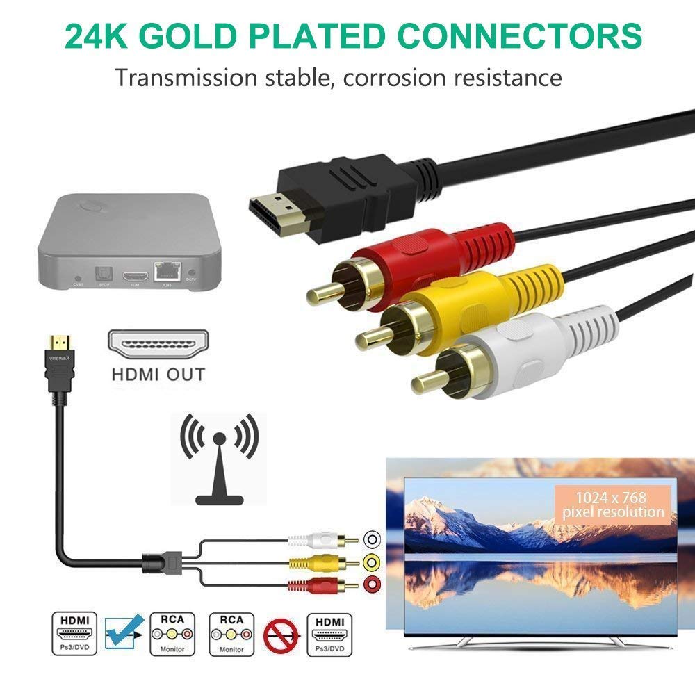 BERLAT 1080P 5ft 3-RCA HDMI to RCA Cable, HDMI Male to Video Audio AV Cable Connector Adapter One-Way Transmitter