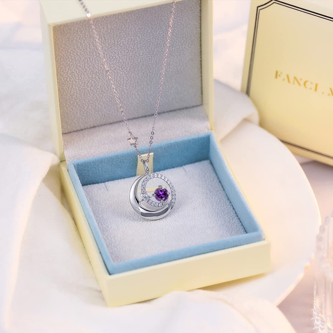 FANCIME 925 Sterling Silver February Birthstone Amethyst Necklace Moon Star Pendant Purple Gemstone Jewelry Birthday Anniversary Mothers Day Gifts for Women Daughter