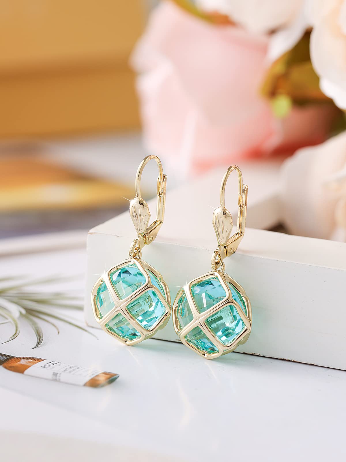 Big Dark Blue Crystal Dangle Earrings for Women (Sept-Sapphire-White Gold)
