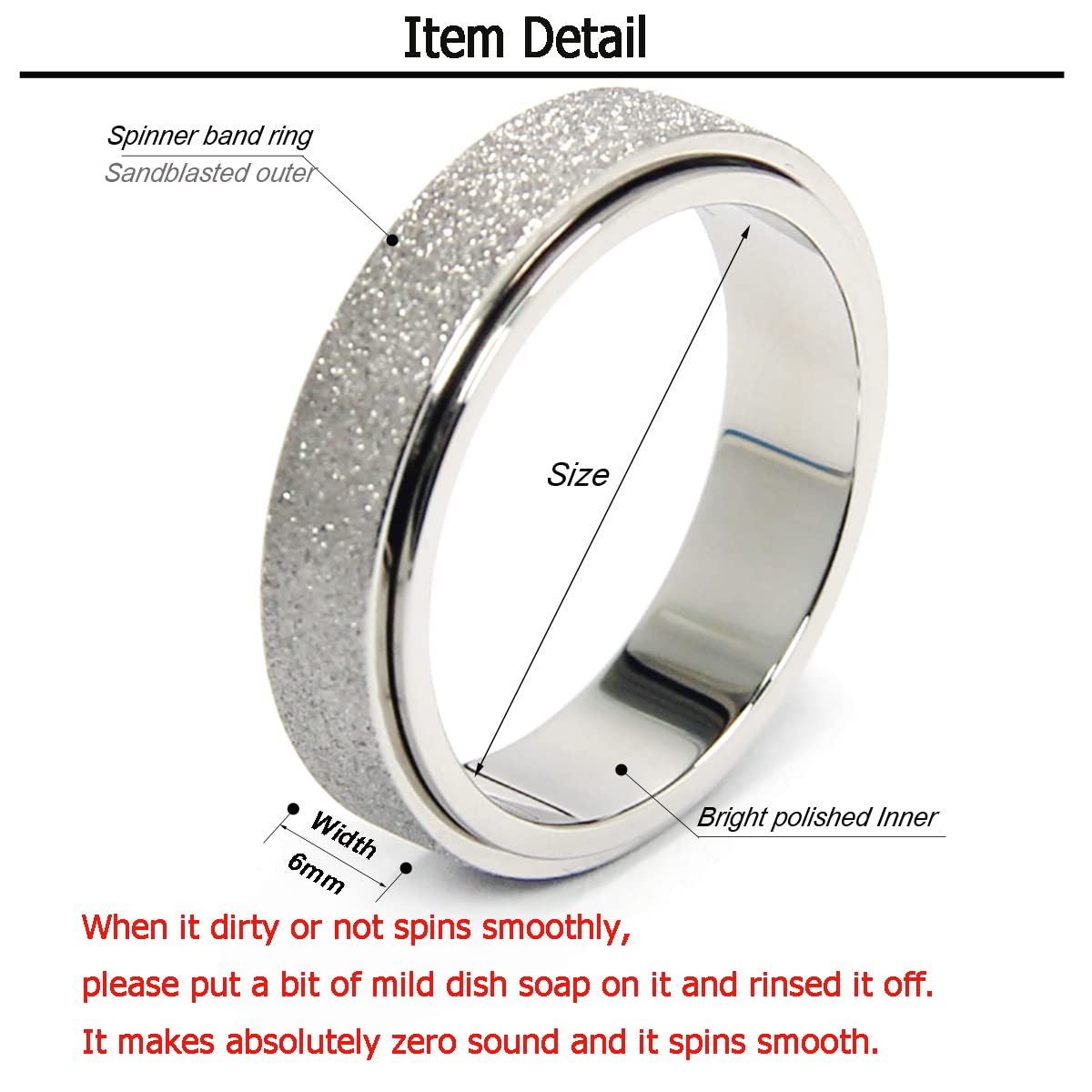 OreilleStar Anxiety Ring for Women Men Stainless Steel Fidget Spinner Thumb Ring Fidget Toys Adults Size 8 Width 6MM Silver Hand Polished