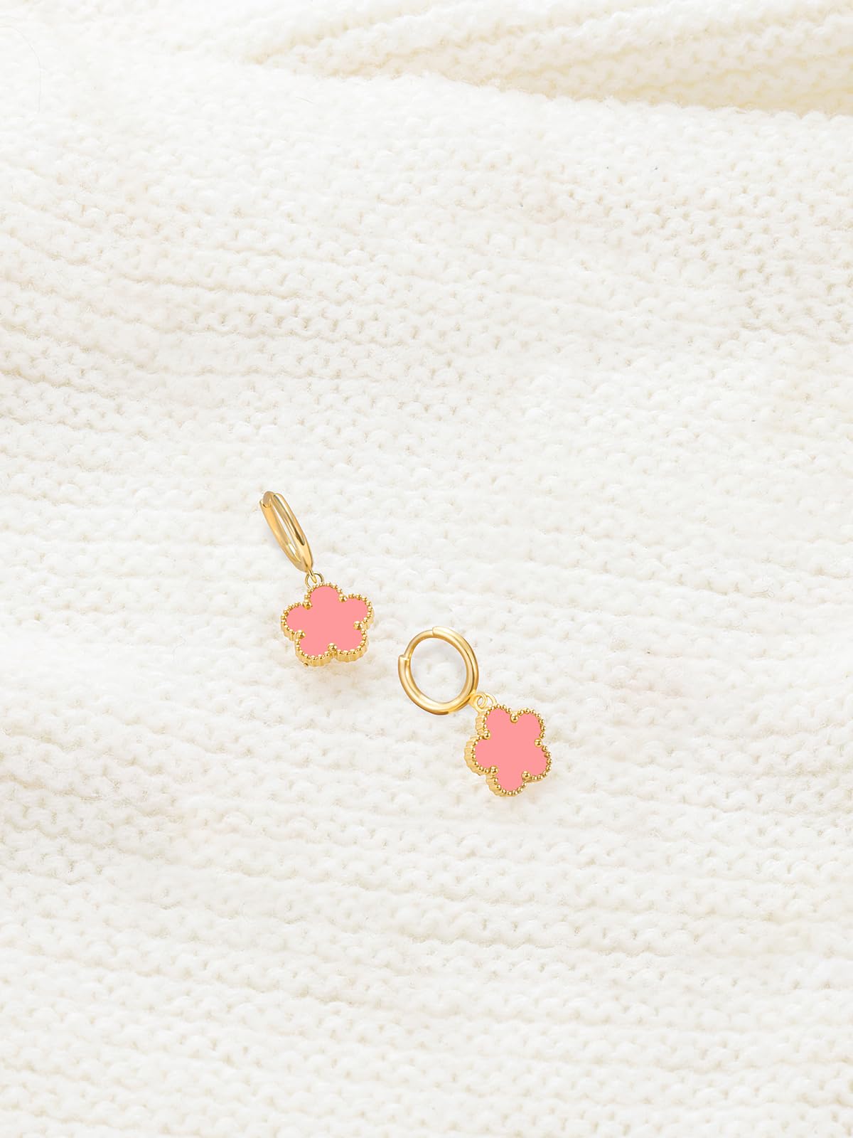 Gold Plated Five Leaf Clover Dangle Dot Earrings for Women Lucky Flower Jewelry (Pink-14K Gold Plated)