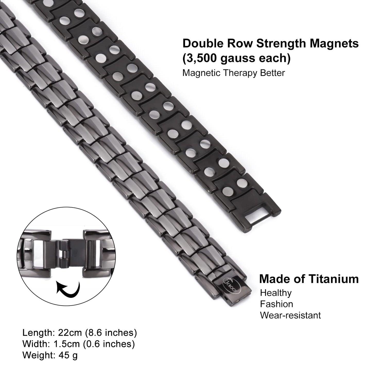 JEROOT Magnetic Bracelets for Men, Pure Titanium Bracelet (3500Gauss Per Magnet), Men's Bracelet Lymphatic Jewelry Gifts (Gray-2)