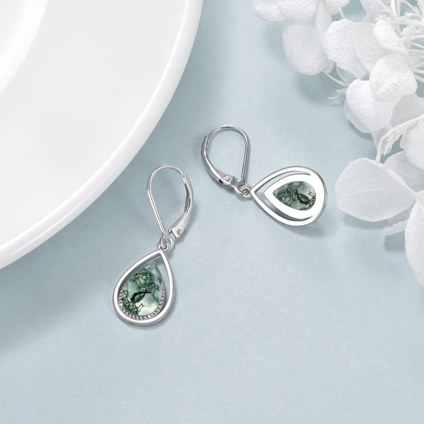VONALA Moss Agate Earrings 925 Sterling Silver Agate Moss Teardrop Leverback Drop Dangle Earrings Jewelry Gifts