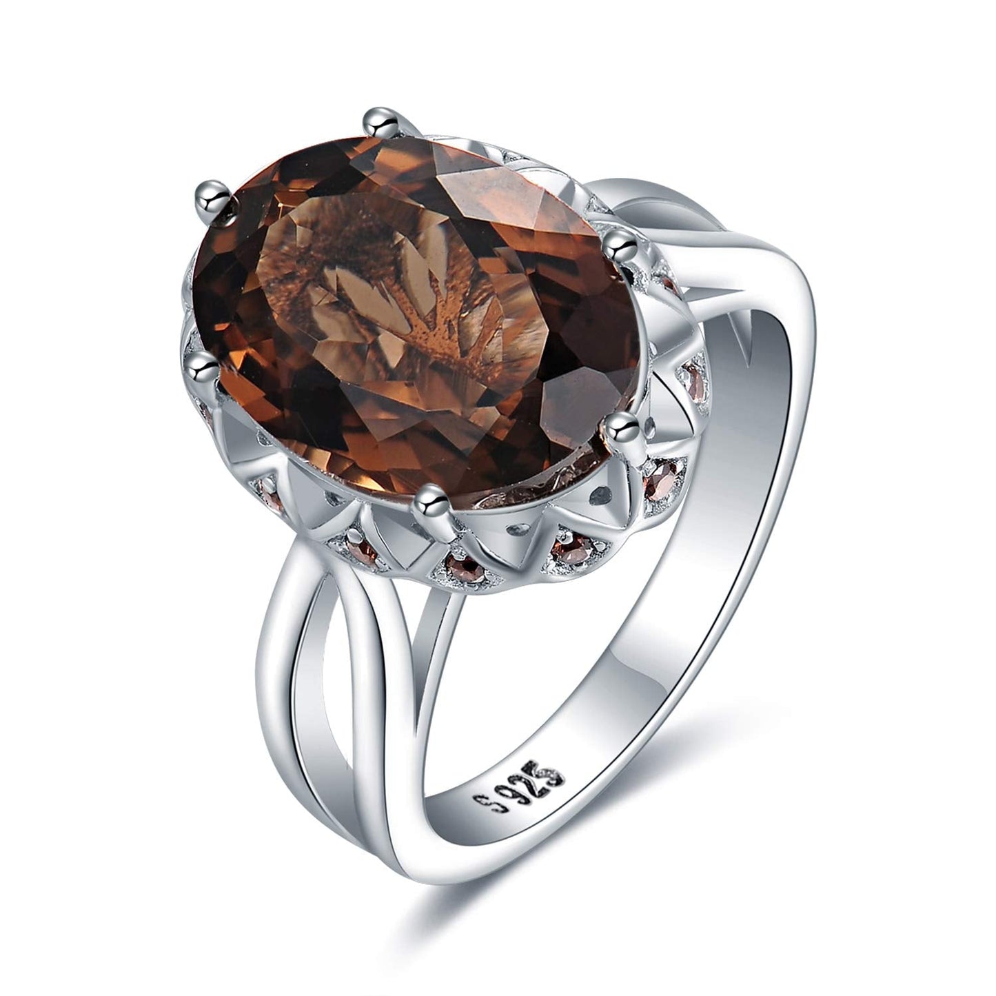 JewelryPalace Huge Oval Shape 5.7ct Genuine Smoky Quartz Cocktail Rings for Her, 14K White Gold Plated 925 Sterling Silver Ring for Women, Natural Gemstone Jewelry Sets Rings 9