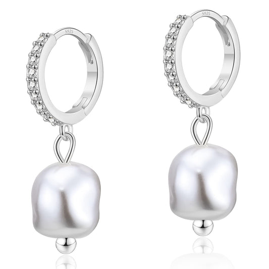 CERSLIMO Sterling Silver Pearl Drop Earrings for Women, S925, Baroque Shell, Hypoallergenic, Dainty Hoop, Modern Chic