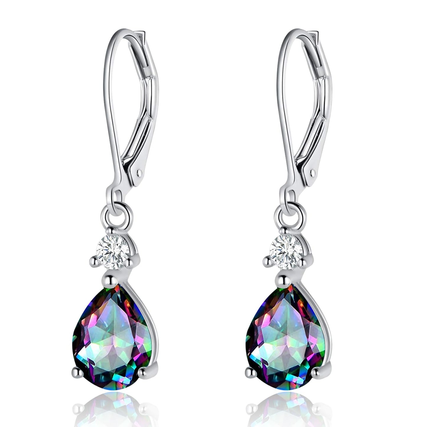 925 Sterling Silver Earrings for Sensitive Ears Women, 7x9mm Pear Shaped Rainbow CZ Dangle Drop Earring Wedding Engagement, Daily Hypoalergenic Jewelry Gift for Mother's Day