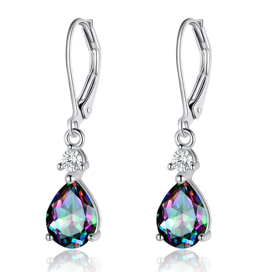 925 Sterling Silver Earrings for Sensitive Ears Women, 7x9mm Pear Shaped Rainbow CZ Dangle Drop Earring Wedding Engagement, Daily Hypoalergenic Jewelry Gift for Mother's Day