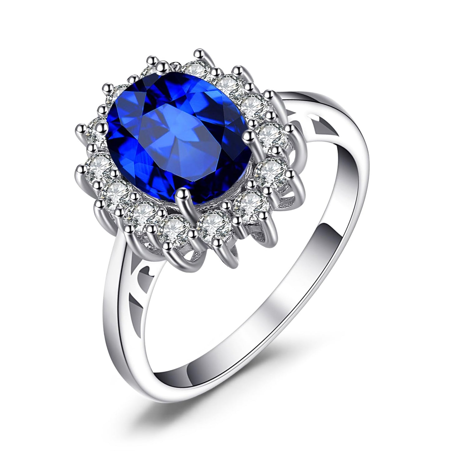 JewelryPalace Princess Diana Kate Middleton Class Gemstone Birthstone Royal Blue Created Spinel Halo Statement Engagement Rings for Women, Anniversary 14K White Gold Plated Promise Rings for Her 10.5
