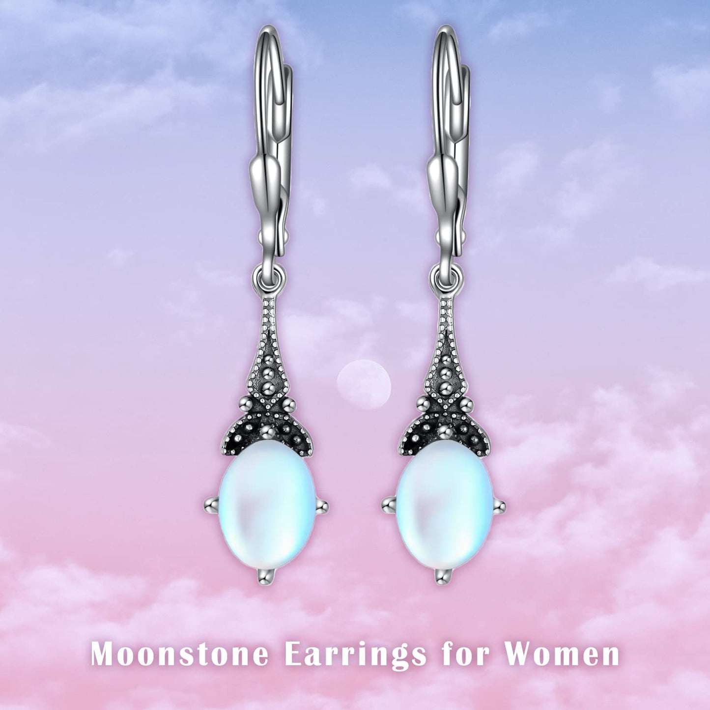 Moonstone Earrings Sterling Silver Vintage Leverback Drop Dangle Earrings with June Birthstone Earrings, Birthday Christmas Anniversary Jewelry Gifts for Women