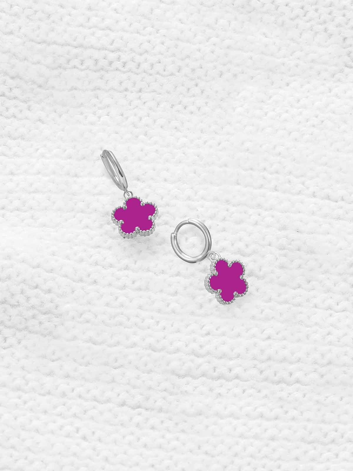 Gold Plated Five Leaf Clover Dangle Dot Earrings for Women Lucky Flower Jewelry (Purple-White Gold Plated)