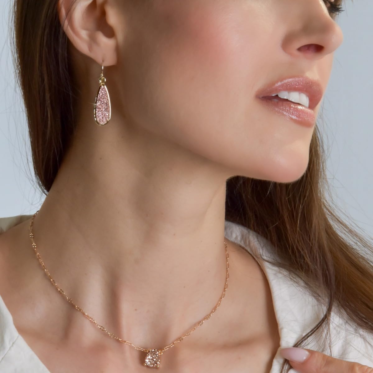Simulated Druzy Drop Dangles - Gold Tone Sparkly Long Teardrop Dangly Earrings for Women, Pink Rose Gold Tone