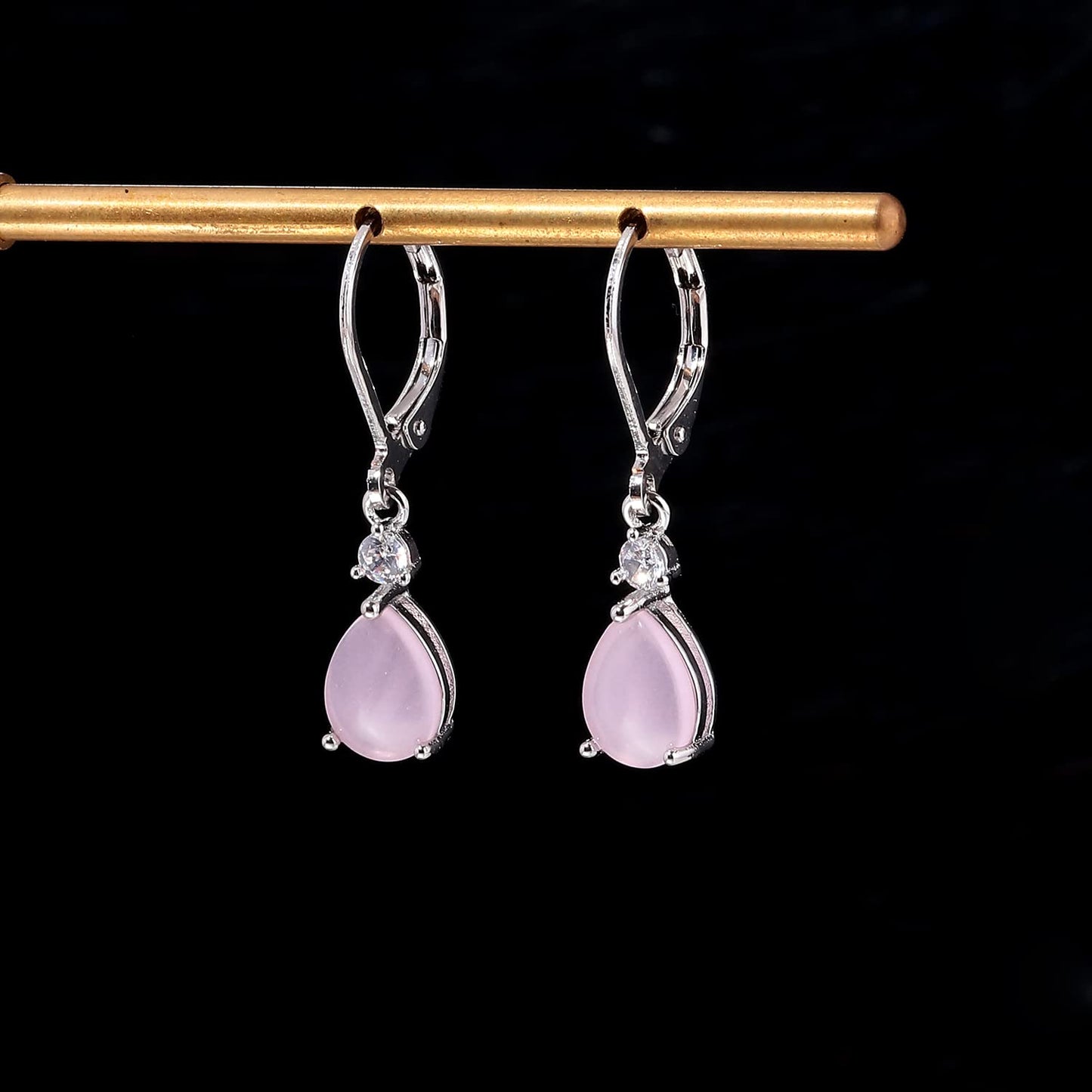 CiNily Womens Pink Leverback Dangle Earrings for Women Rose Quartz Drop Earrings 14K White Gold Plated Teardrop Gemstone Earrings