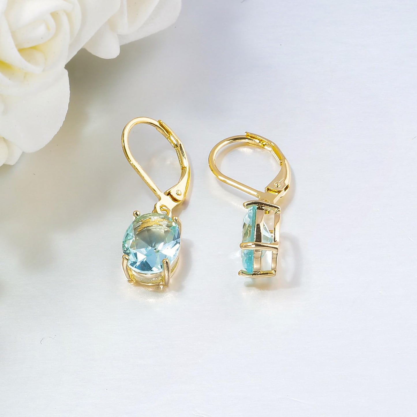 CiNily Cut-Oval Leverback Dangle Earrings for Women Light Blue Cubic Zircon 14K Gold Plated Hypoallergenic Hanging Earrings Lightweight Summer Drop Earrings Party Wedding Birthday Gifts