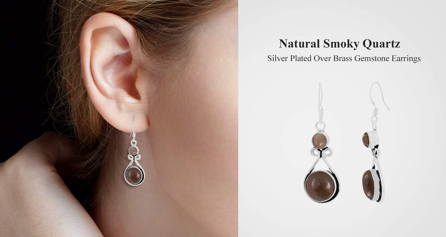 Natural Smoky Quartz Silver Plated Dangle Earrings for Women - November Birthstone Round Gemstones Drop Earrings Handmade Jewelry - Wedding Gift for Her