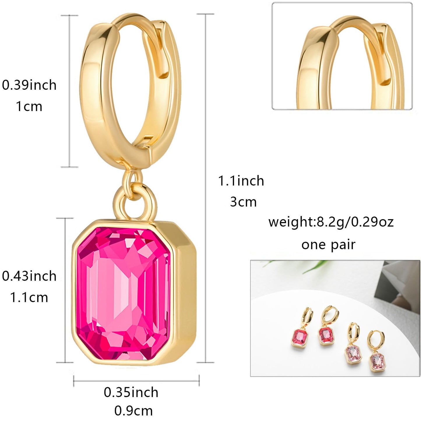 Birthstone Crystal Dangle Drop Earrings, 18K Gold Plated Huggie Hoop Hypoallergenic Earring Jewelry Gifts for Women (Hot Pink)