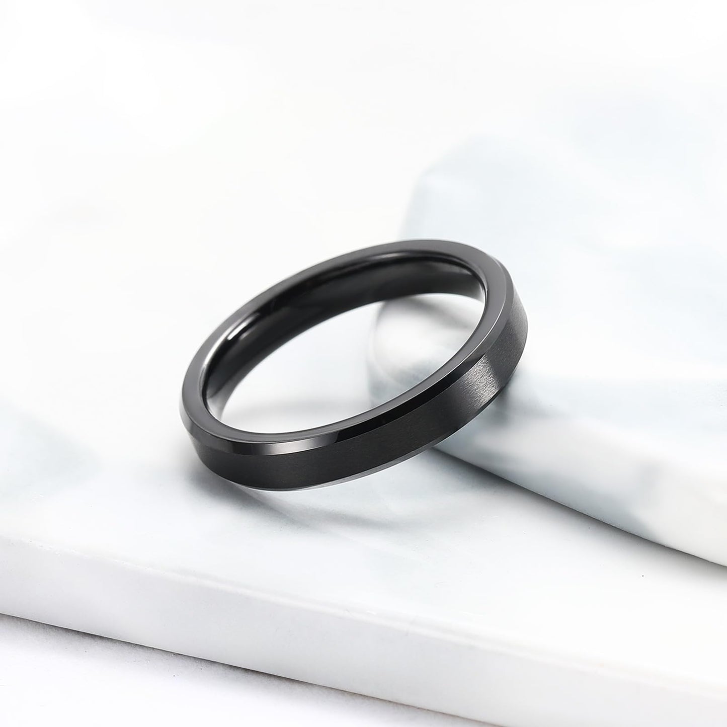 King Will 4mm Black Tungsten Men's Wedding Band - Brushed Matte Finish, Beveled Polished Edge, Comfort Fit 7