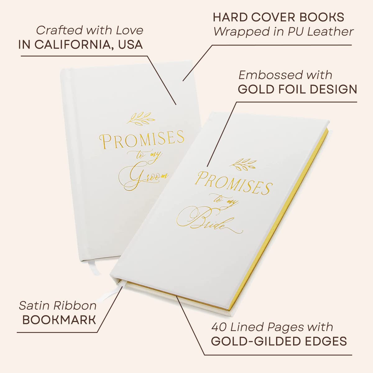 MUUJEE Promises to My Groom and Promises to My Bride Wedding Vow Books (Set of 2) - White Gold Foil Embossed Notebook Journal for Wedding Ceremony Vow Renewal - Wedding Gift Ideas
