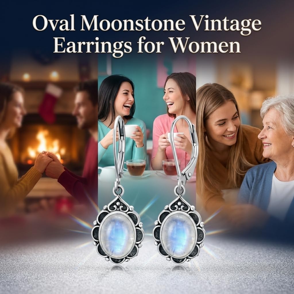Moonstone Drop Earrings for Women 925 Sterling Silver Vintage Oval 9x7mm Filigree Leverback Dangle Earrings, Gothic Victorian Antique Jewelry Gifts