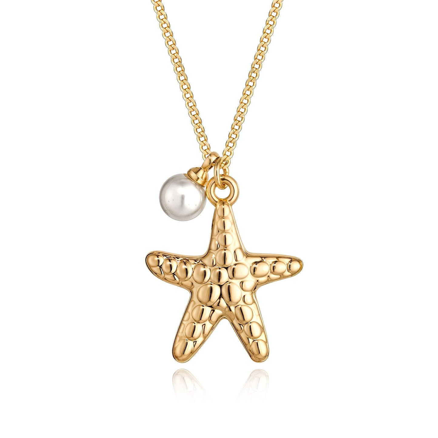 MYEARS Women Gold Necklace Starfish Pendant Pearl Bead 14K Simple Dainty Cuban Chain Everyday Summer Beach Jewelry