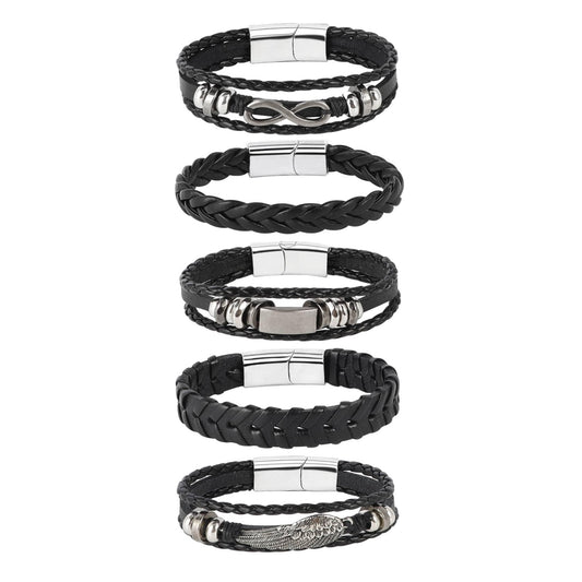 MILAKOO 5Pcs Punk Bracelets for Men Stainless Steel Clasp Woven Braided Leather Wristband Goth Style
