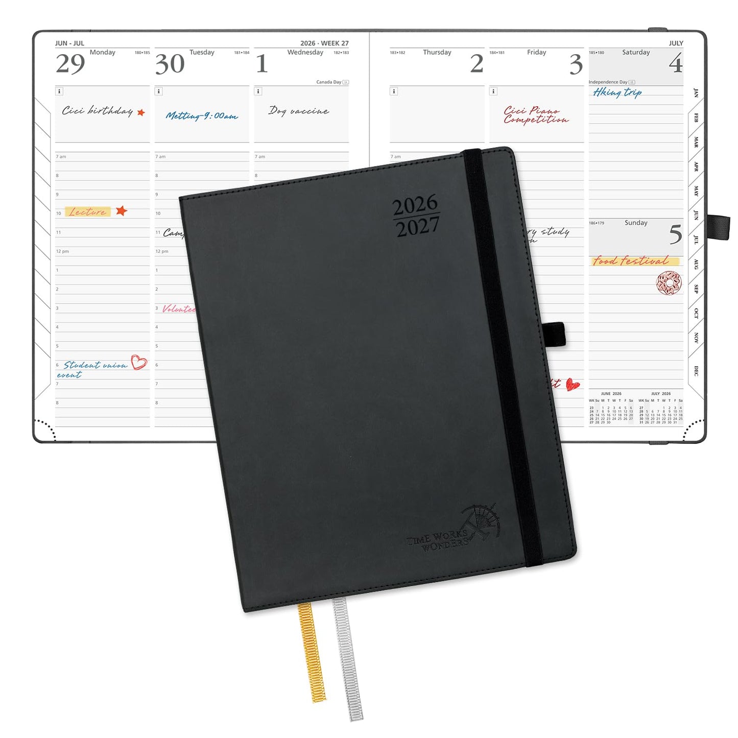 POPRUN Planner 2026-2027, Large-8.5" x 10.5", Academic Planner 2026-2027 Weekly and Monthly (July 26-June 27) Hourly Appointment Book with Inner Pockets, Leather Soft Cover, 100GSM - Black