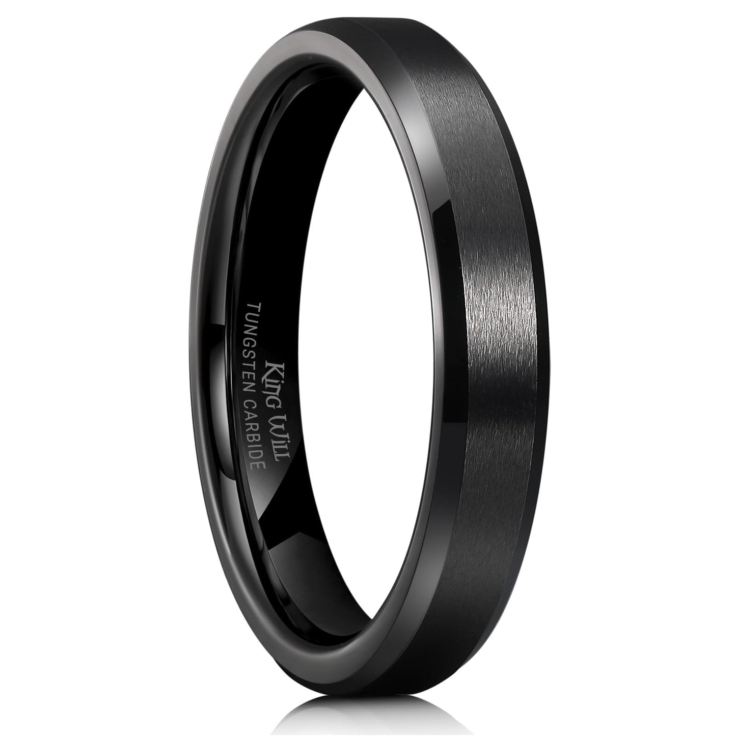 King Will 4mm Black Tungsten Men's Wedding Band - Brushed Matte Finish, Beveled Polished Edge, Comfort Fit 14