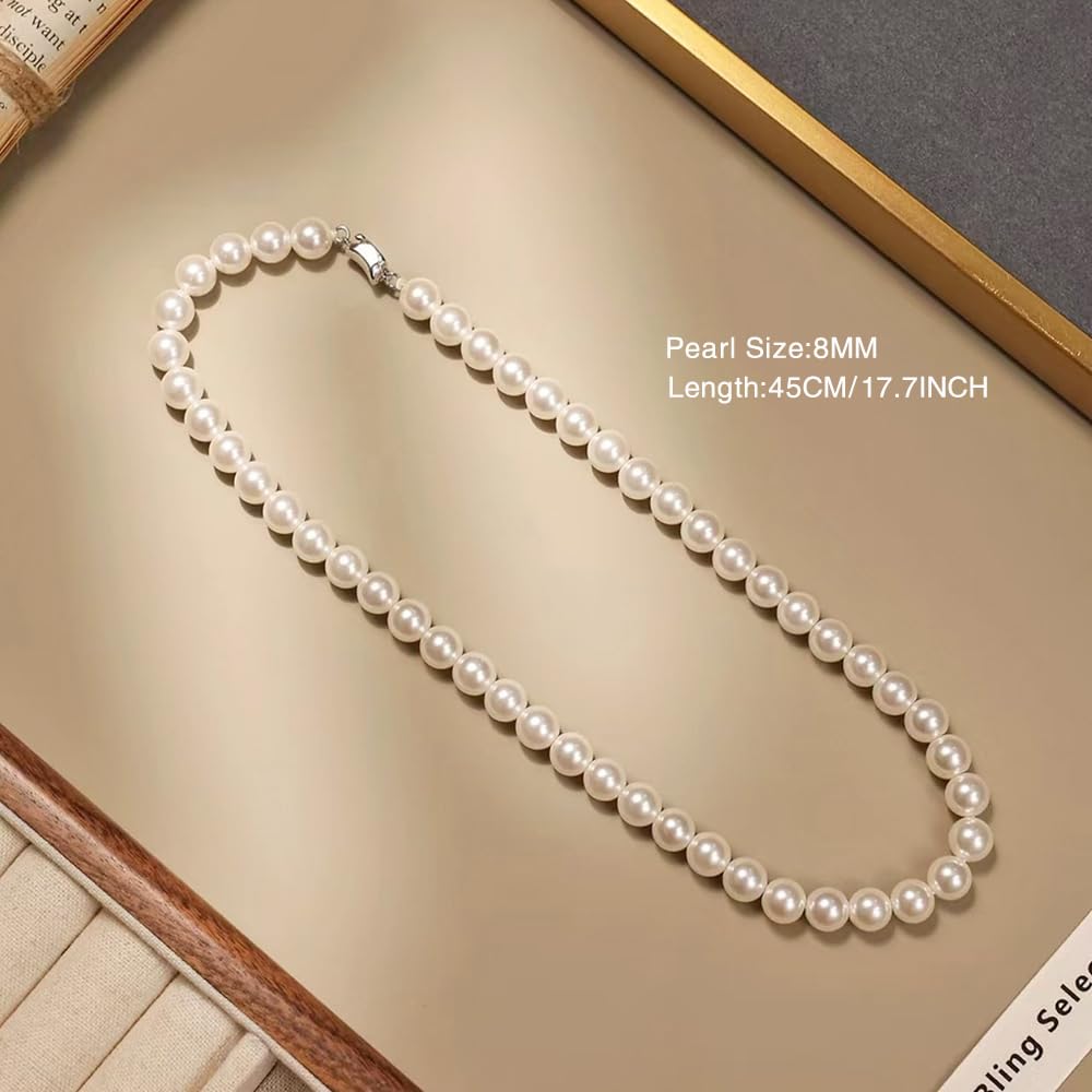 PearlLives Pearl Necklace For Women 8MM Dainty White Round Simulated Pearls Choker Necklace Strand