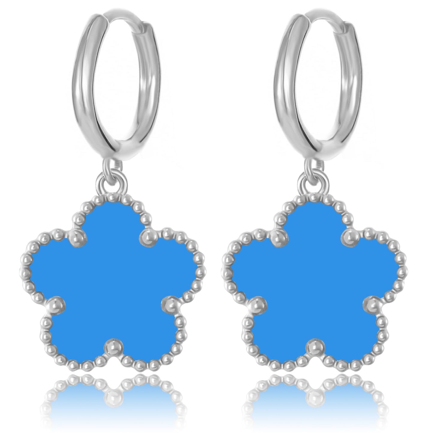 Gold Plated Five Leaf Clover Dangle Earrings for Women Lucky Flower Jewelry (Blue-White Gold Plated)