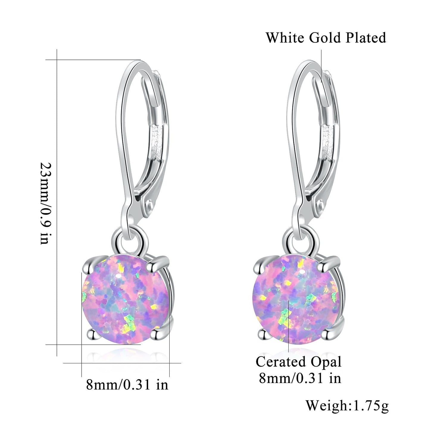 CiNily Round-Cut Opal Dangle Earrings for Women Hypoallergenic Purple Fire Opal Rhodium Plated Leverback Gemstone Drop Earrings Jewelry Birthday