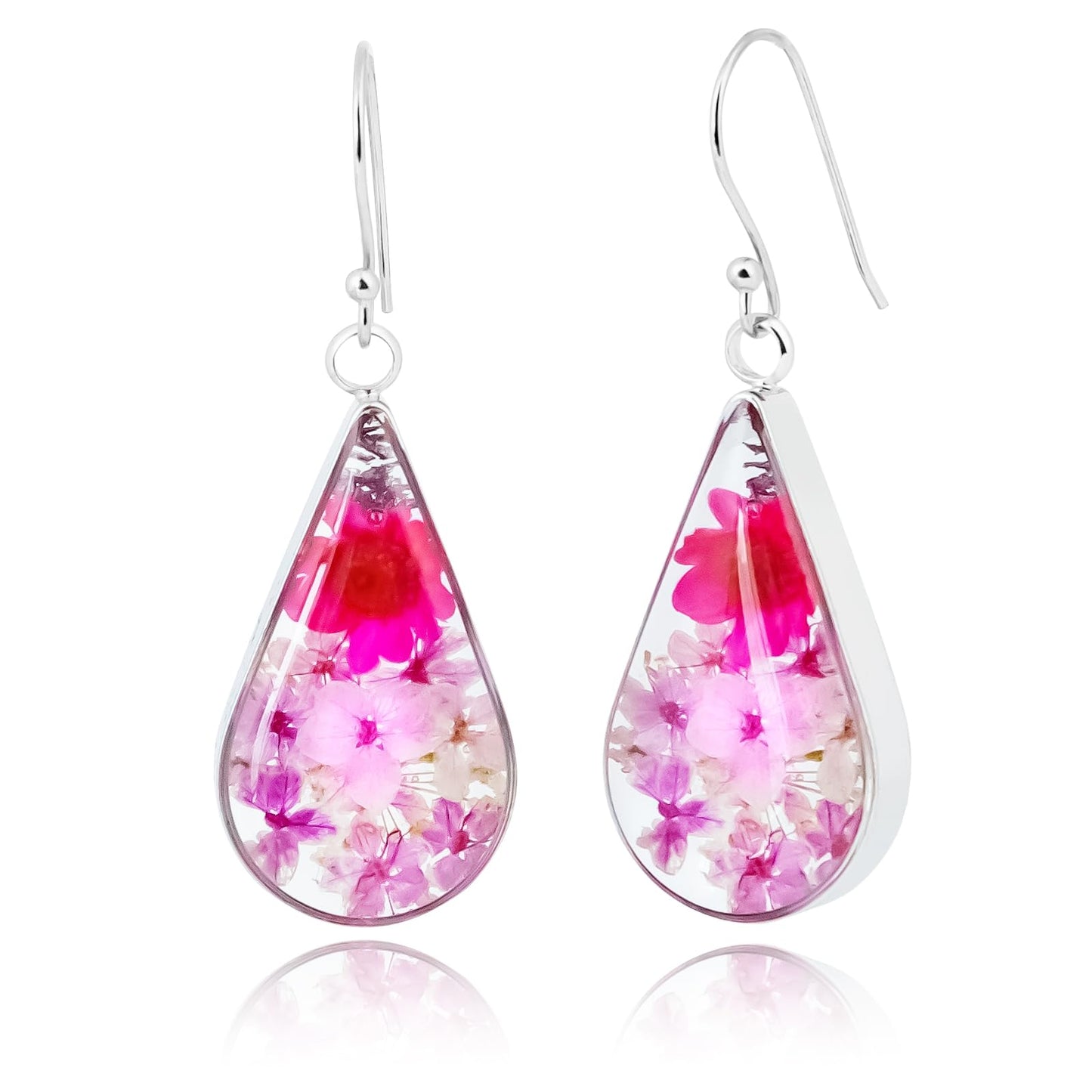 925 Sterling Silver Pressed Flower Teardrop Earrings,Hypoallergenic Women's Jewelry Gift for Mom,Handmade natural dried flower teardrop earrings Jewelry Gift (Emerald Rose Pink)