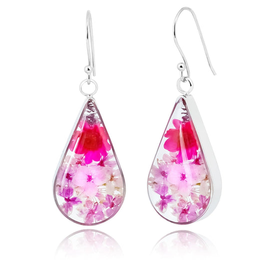 925 Sterling Silver Pressed Flower Teardrop Earrings,Hypoallergenic Women's Jewelry Gift for Mom,Handmade natural dried flower teardrop earrings Jewelry Gift (Emerald Rose Pink)