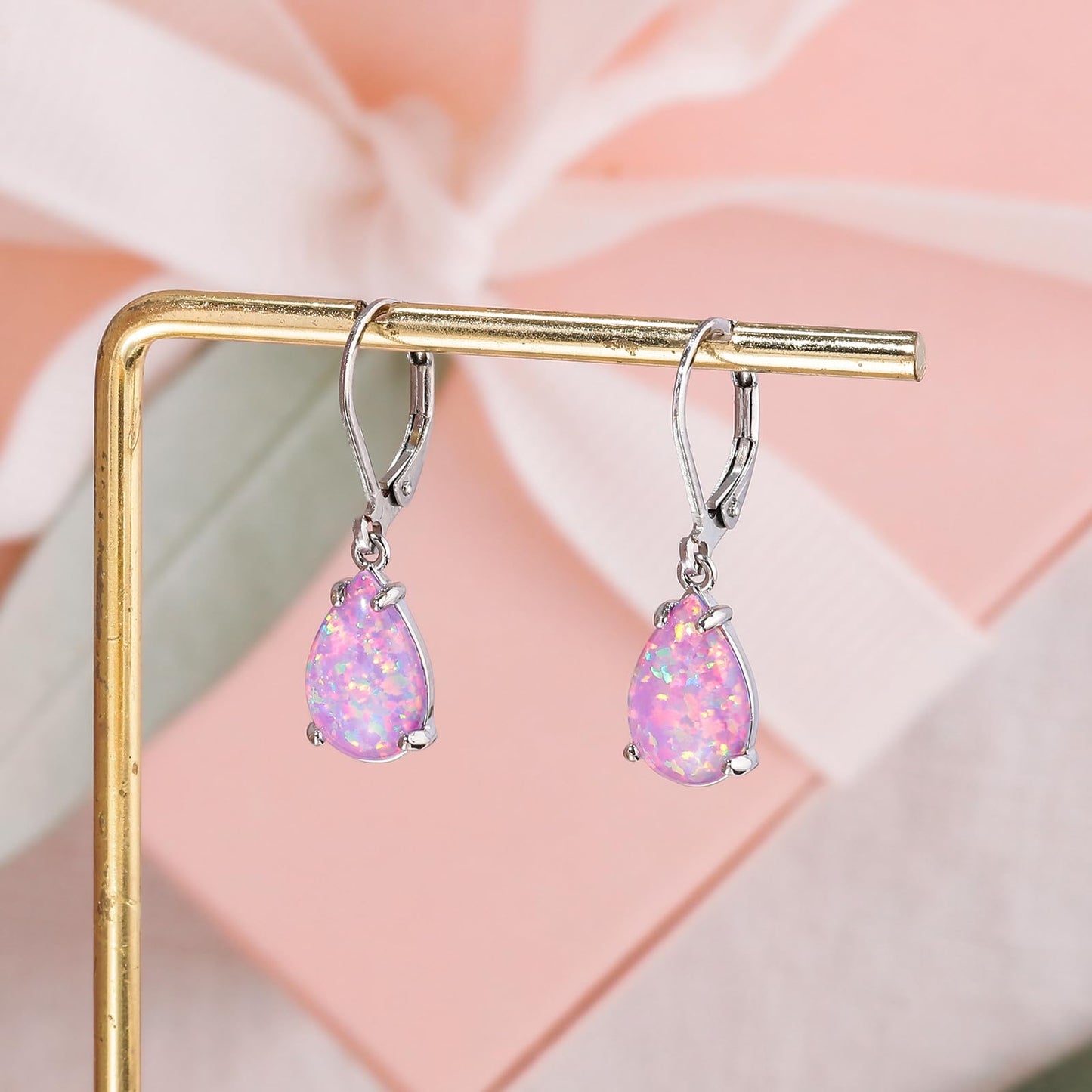 CiNily Teardrop Leverback Dangle Earrings for Women Hypoallergenic Purple Opal Pendant Drop Earrings 14K White Gold Plated Hanging Lever Earrings Jewelry