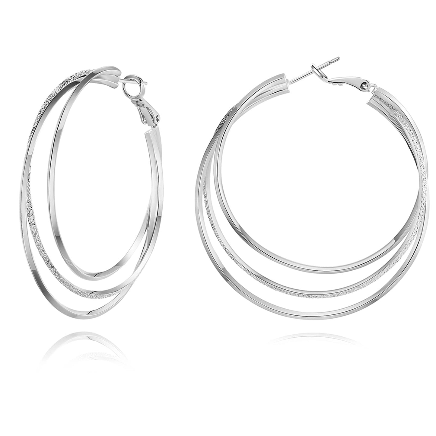 GLOQUAT Silver Plated Hoop Earrings for Women Large Silver Thin Hoops Twisted Triple Hoop Earring for One Ear Hole Lightweight and Hypoallergenic Chunky Earring Jewelry Gifts 50mm