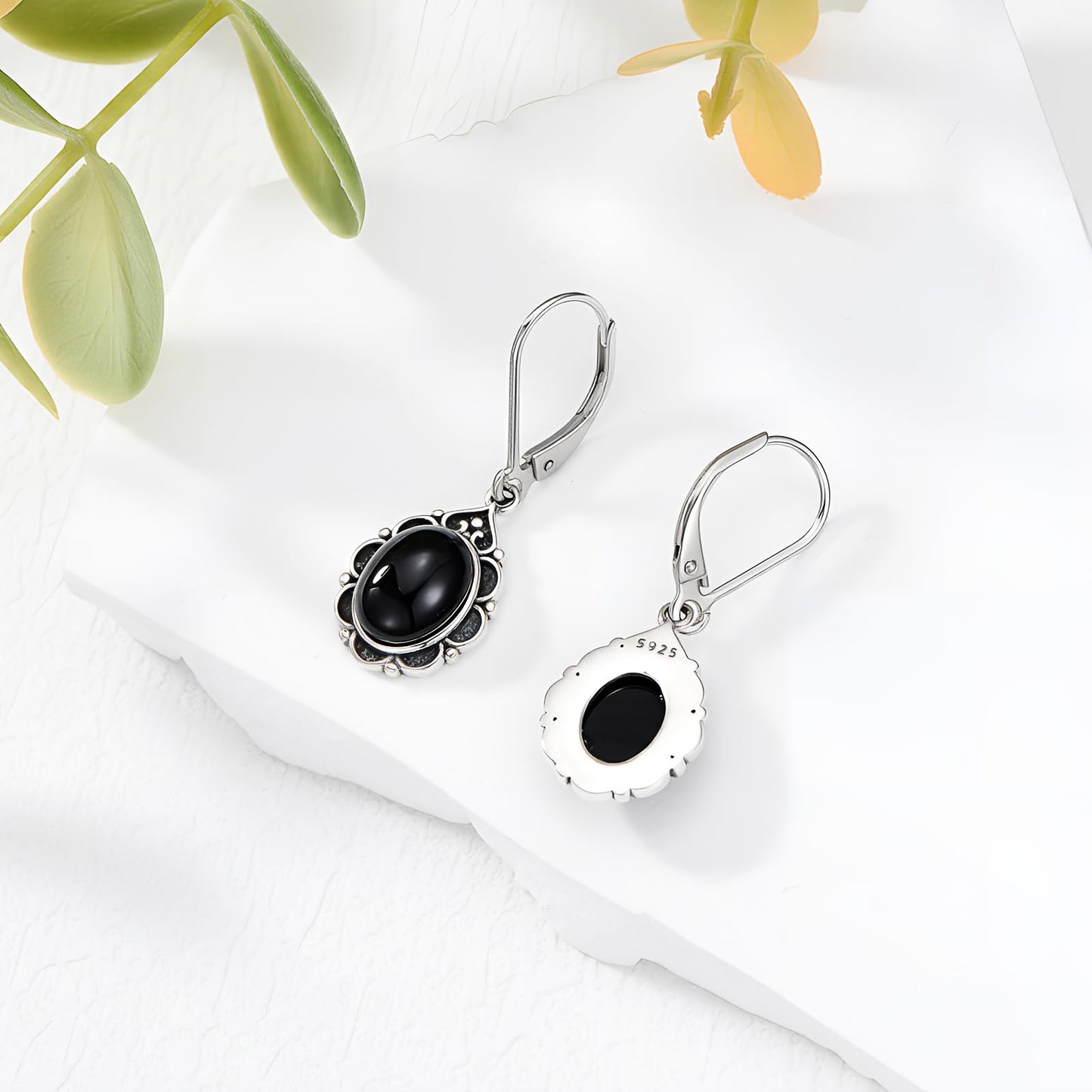 Black Onyx Earrings 925 Sterling Silver Vintage Leverback Dangle Drop Earrings for Women